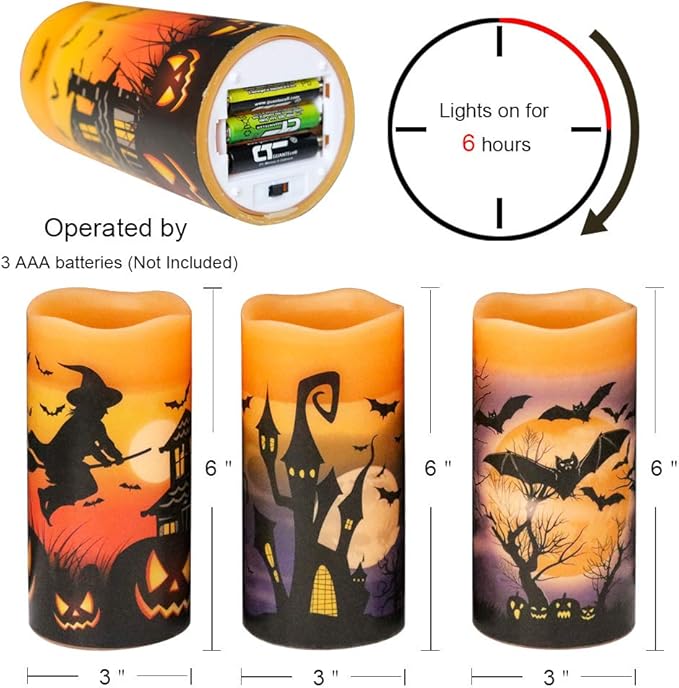 Wondise Halloween Flameless Flickering Candles with 6hrs Timer, Battery Operated Candles with Halloween Decals Real Wax LED Pillar Candles for Halloween Home Table Decor (3 x 6 Inches), Orange