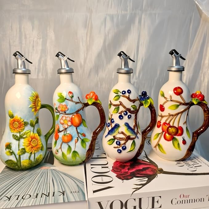 18.26oz/540ml Ceramics Olive Oil Dispenser Bottle,Hand Painted Reliefs Oil Dispenser for Kitchen,Oil Bottles for Kitchen (Sunflower)
