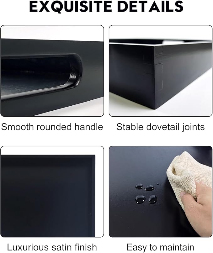 20 Inches Square Wooden Ottoman Tray Black, Large Wood Serving Tray with Handles for Living Room, Serving Food Breakfast, Ottoman Coffee Table Couch Sofa Kitchen