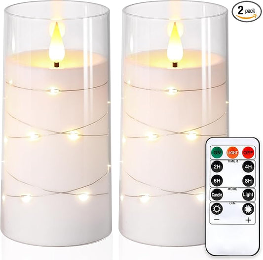 NURADA Flickering Flameless Candles: Built-in Star String Lights, Acrylic Battery Operated LED Pillar Candles with Remote and Timer for Romantic Mood Home Decoration - 2 Pack Pure White