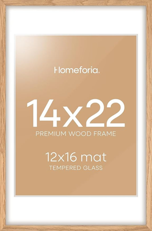 Homeforia 14x22 Picture Frame Wood, High End Natural Oak 14x22 Light Wooden Poster Frame with Mat 12x16, 14 x 22 Frames Matted to 12 x 16 Photo, 22x14 Hanging Frame, Tempered Glass, Wall Kit, Set of 1