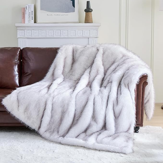 Fluffy Faux Fur Throw Blanket – Super Soft Warm Thick Plush Blanket for Bed, Couch & Office, Cozy Fuzzy Throw with Flannel Backing,50"x60", White
