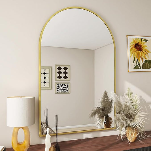BEAUTYPEAK 24"x36" Arch Bathroom Mirror, Wall Mounted Vanity Metal Frame Mirror for Bedroom, Entryway, Living Room, Gold