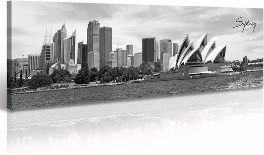 DJSYLIFE Sydney Skyline Wall Art Decor Canvas Print Black and White City Building Landscape Poster Australia Cityscape Modern Artwork Painting for Bedroom Office Home Decoration - 13.8" x 47.3"