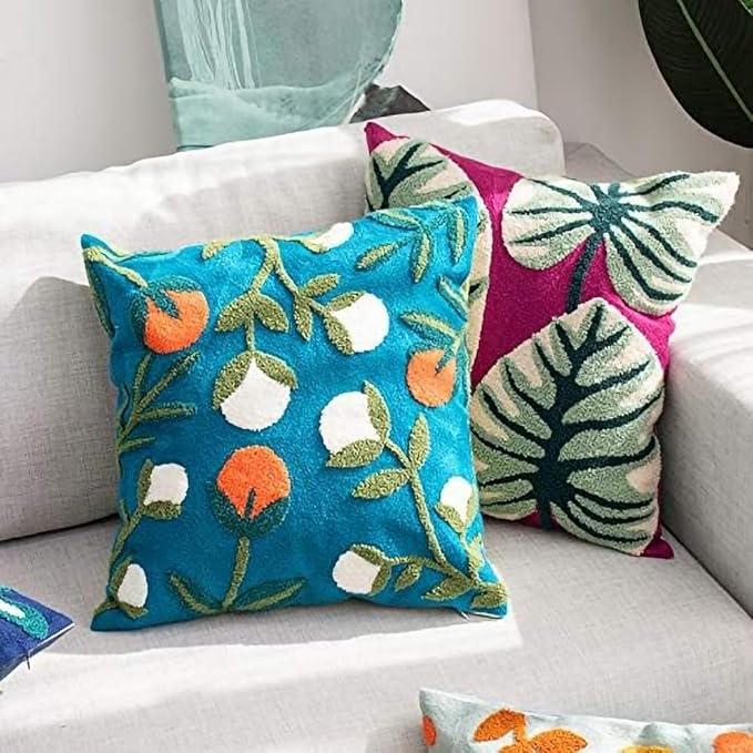 MOCOFO Canvas Embroidered Flower Pillow Case Spring Embroidery Craft Modern Simple Throw Pillow Cover for Sofa,Bedroom,Office (Wild Fruit, 18x18’’)