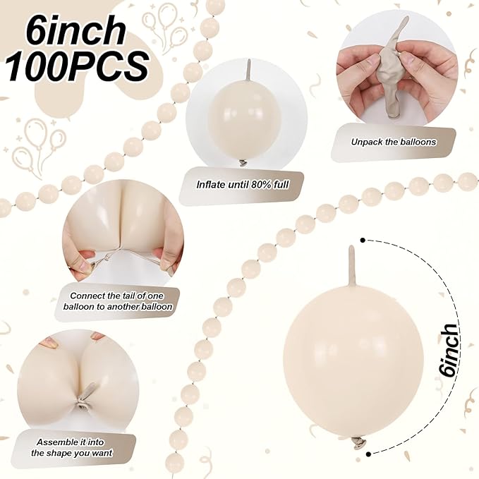 White Sand Linking Balloons, 100PCS 6 Inch Small Ivory Quick Link Balloons for Making Balloon Wall Heart Arch, Tails Balloon for Wedding Birthday Baby Shower Engagement Graduation Party Decorations