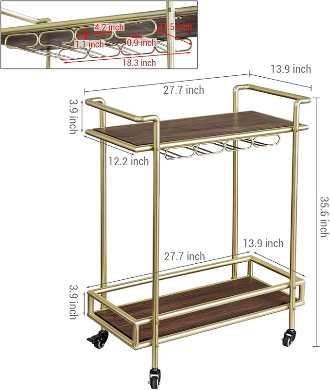 MyGift 2 Tier Rolling Bar Cart, Vintage Brass Tone Metal Cocktail and Wine Trolley with Burnt Wood Shelf Trays, Wine Glass Stemware Holder Rack and Lockable Wheels