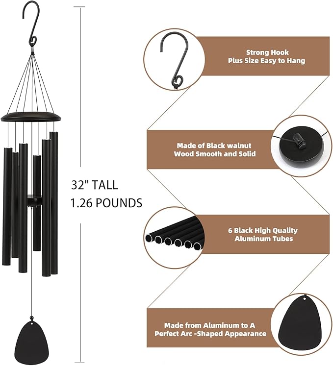 Wind-Chimes-Outdoor-Large-Decor, Deep Tone Soothing Melodic Tones Windchimes, Wind Chimes for Outside, Memorial Wind Chime Best Gift for Mom Women Grandma Neighbors（32" Black）