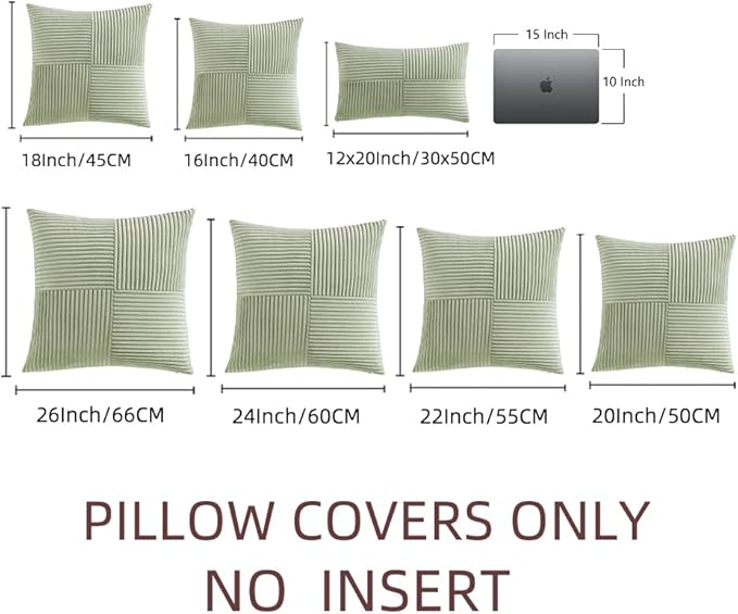 Fancy Homi 2 Packs Sage Green Decorative Throw Pillow Covers 20x20 Inch for Living Room Couch Bed Sofa, Farmhouse Boho Home Decor, Soft Corss Corduroy Patchwork Accent Square Cushion Case 50x50 cm