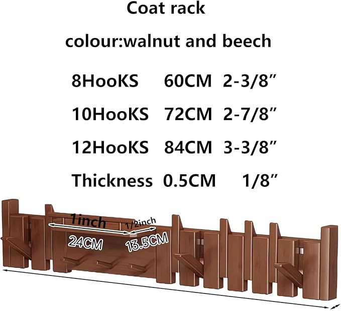 Wall Mounted Piano Key Hanger | Flip Style Hook | Entrance Wall Art Hook, Made of Oak Wood (3 Times Painted, 4 Times Polished) (Fence Beech, 10Hooks)