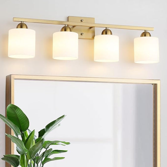 Stainless Steel Milk Glass Vanity Lights for Bathroom, 4 Light Gold Bathroom Light Fixtures Over Mirror, Ceramic E26 Sockets Wall Mounted