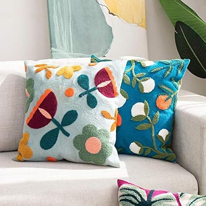 MOCOFO Canvas Embroidered Pillow Case Spring Embroidery Craft Modern Simple Sofa Office Pillow Pillow Case (Monstera, 18x18’’)