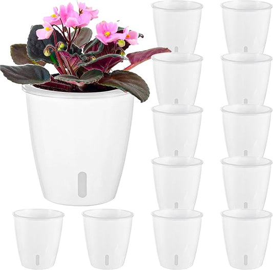 Self-Watering Pots for Indoor Plants, 12-Pack 5'' Self Watering Planter with Drainage Holes, Small African Violet Pots with Water Indicator, Clear Wick Pot, White