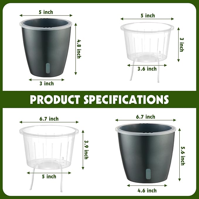 Self Watering Pots for Indoor Plants, 6-Pack 5'' Self Watering Planter with Drainage Holes, Small African Violet Pots with Water Indicator, Clear Wick Orchid Pot, Grey