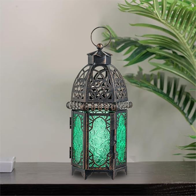 NEEDOMO Hanging Moroccan Lantern, 12.8'' Vintage Candle Holder, Metal Lanterns Decorative Indoor Outdoor, Table, Patio, Porch, Shelf, Gothic Home Decor (Green, Large Size)