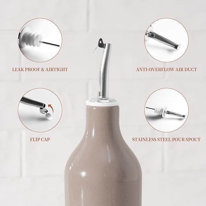 famiware Milkyway 16oz Ceramic Olive Oil Dispenser Bottle, 1 Piece Oil Dispenser for Kitchen with Stainless Steel Pourers, Suitable for Storage Vinegar, Soy Sauce, Coffee Syrup, Cinnamon Brown