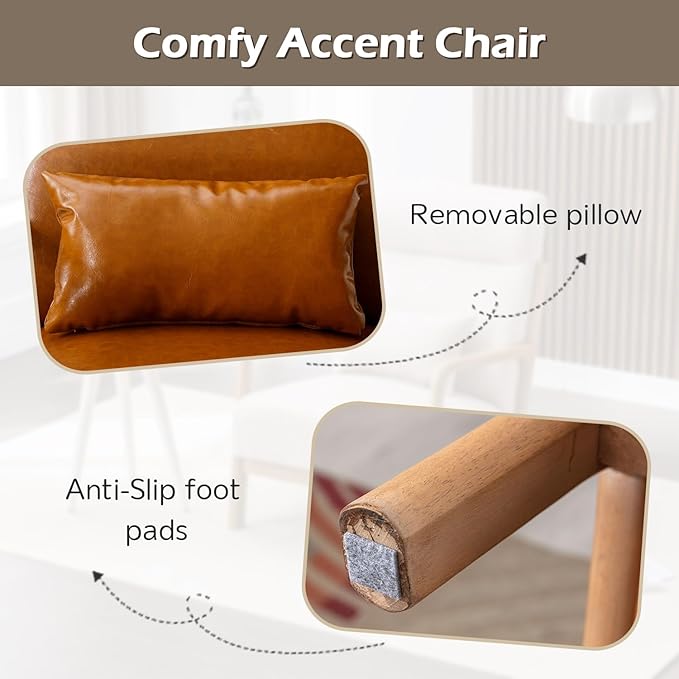 INZOY Mid Century Modern Accent Chair with High Back, PU Leather Reading Armchair with Waist Cushion, Upholstered Wood Frame Living Room Chairs for Bedroom Sunroom, Camel