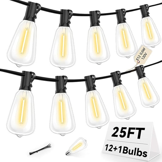 ST38 Outdoor String Lights 25FT with 12+1 LED Bulbs, E12 Socket, Waterproof Commercial Grade, 2700K Warm White for Garden, Backyard, Bistro, Patio, Porch, Deck, Gazebo, Wedding Decor