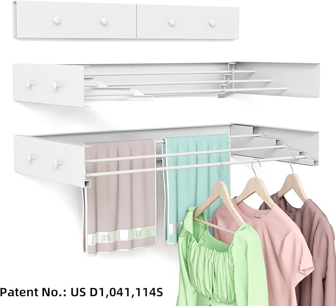 Wall Mounted Drying Rack for Laundry 19.8'', Folding Drying Rack Clothing Wall Mount with 3 Rods and 4 Hooks, Space Saving for Indoor Outdoor Bathroom Balcony (White, 19.8'')