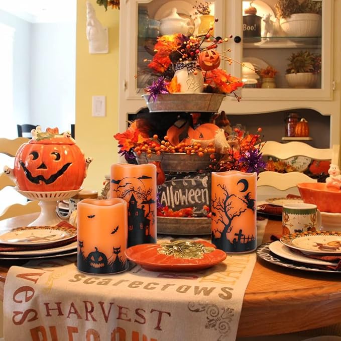 Wondise Halloween Flickering Flameless Candles with 6 Hour Timer, Battery Operated LED Real Wax Candles Set of 3 Halloween Home Decoration Gifts(3 x 4 5 6 Inch)