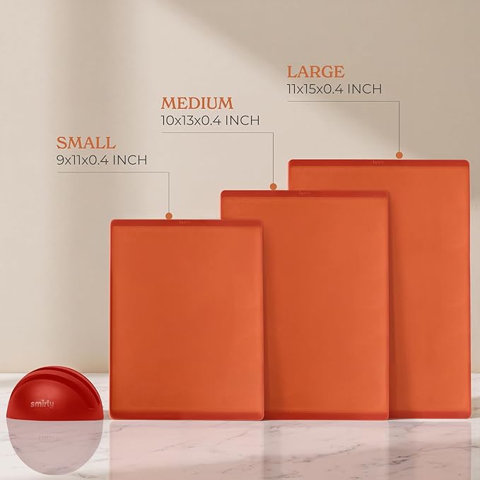 SMIRLY Plastic Cutting Board Set with Holder 3 Pieces, Non-Slip Dishwasher Safe Chopping Boards for Kitchen, Orange