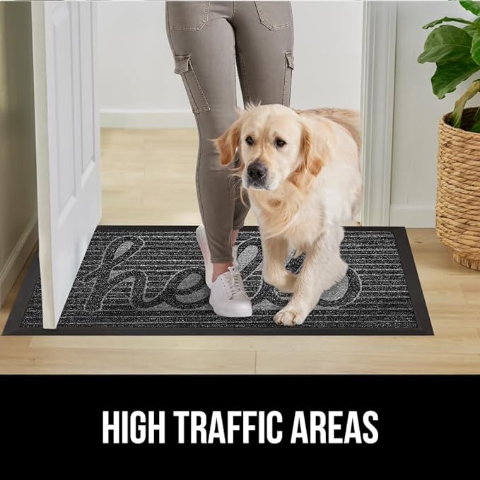 GORILLA GRIP 100% Waterproof All-Season WeatherMax Doormat, 47x35, US Designed Natural Rubber, Stain and Fade Resistant, Low Profile Indoor Outdoor Door Mats, Easy Clean Patio Mat, Charcoal Hello