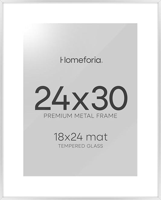 Homeforia Poster Silver Frame 24x30, High End Metal 24 x 30 Large Picture Frames with Mat 18 by 24 for Photo, 24x30 Silver Frames Matted to 18x24 Print, 30x24 Frame, Tempered Glass, Wall Kit, Set of 1