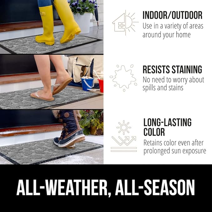 GORILLA GRIP 100% Waterproof All-Season WeatherMax Doormat 35x23, US Designed Natural Rubber, Stain and Fade Resistant, Low Profile Indoor Outdoor Door Mats, Easy Clean Patio Mat, Light Gray Bones