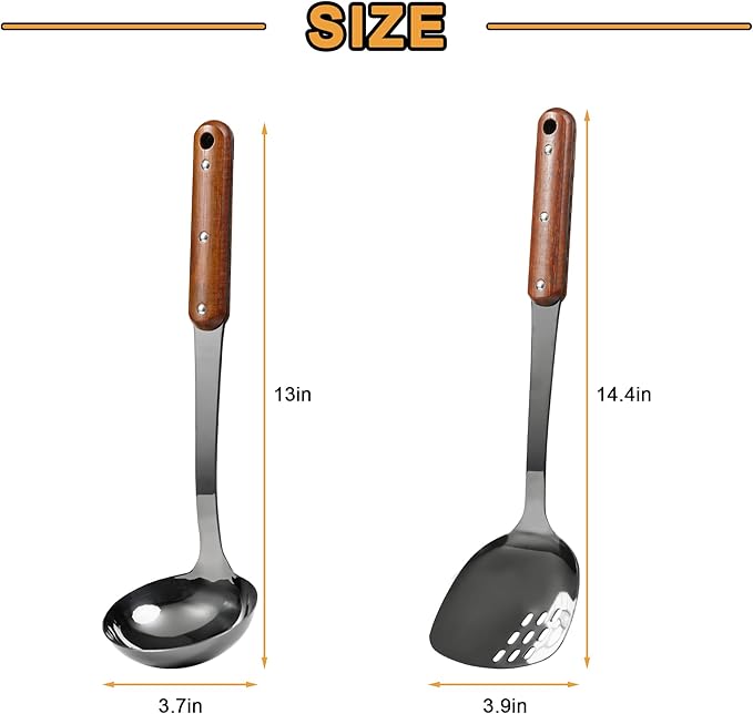 FJNATINH Stainless Steel Wok Spatula and Ladle Tool, Mirror Polished Cooking Utensils Set Metal Wok Accessories with Wooden Handle,Easy to Clean Kitchen Utensils,Black