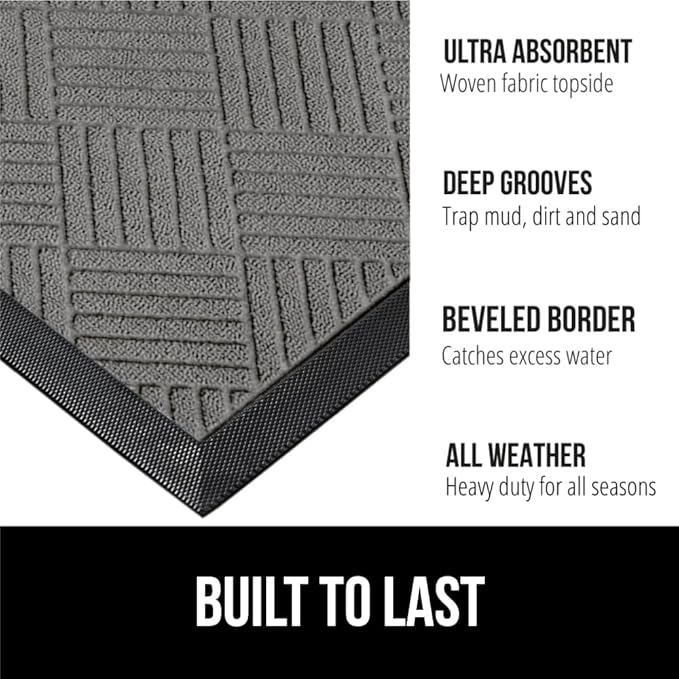 GORILLA GRIP 100% Waterproof All-Season WeatherMax Doormat US Designed Natural Rubber, Stain and Fade Resistant, Low Profile Indoor Outdoor Door Mats, Easy Clean Patio Mat, 17x29, Steel Diamond