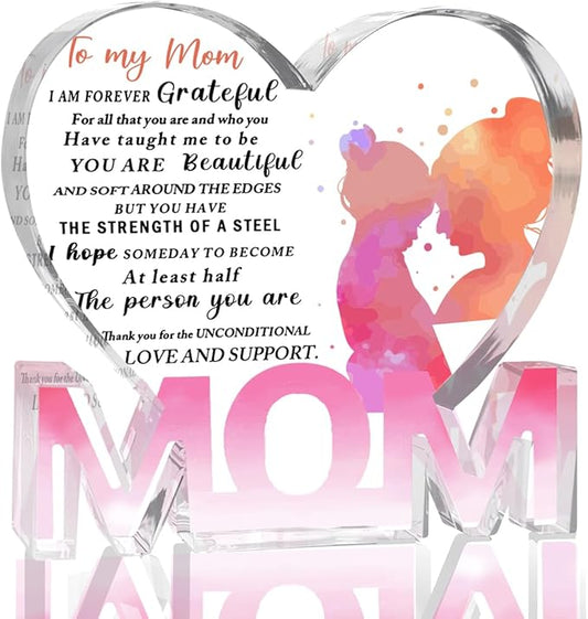 Mothers Day Gifts Best Mom Gifts -Gifts for Mom from Daughter Son - Best Mom Ever Gifts Unique Mother Birthday Acrylic Heart-Shaped Plaque Desk Decorations Present for Mom Christmas Anniversary