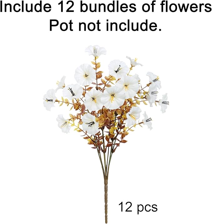 Fake Mums Artificial Fall Flowers Fake Plants for Outdoors Autumn Decor, 12 Bundles White Silk Morning Glory with Eucalyptus Look Real UV Resistant Faux Flowers for Outside Planters Front Door Yard