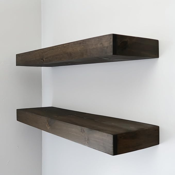 Modern Floating Shelves 3 Inches Thick for Wall, Wide Shelves for Kitchen, Living Room, Bedroom, and Bathroom, Natural Pine Wood, Rustic Wooden Shelf, (Set of 2) (Jacobean, 36Lx3Hx8D)
