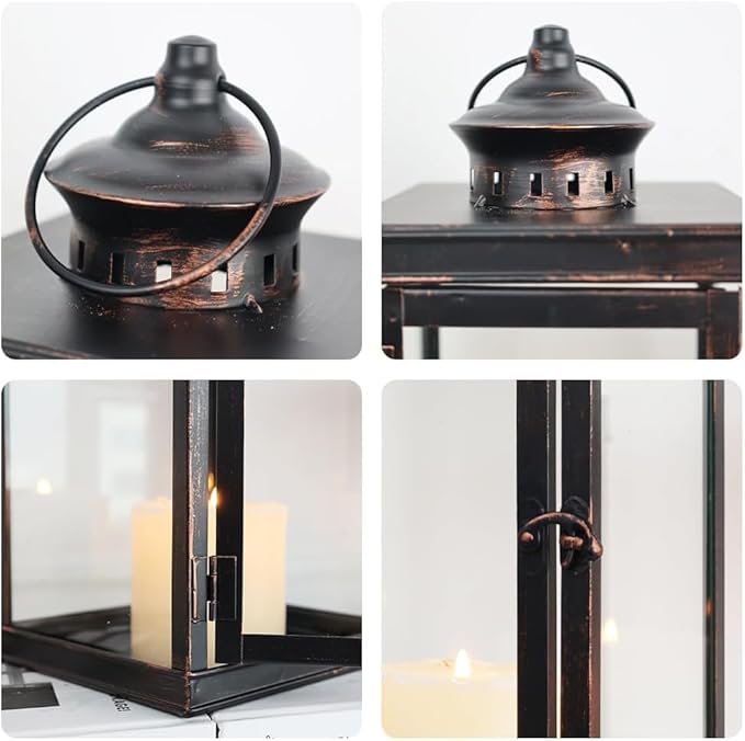 DECORKEY Large Lantern Decorative Outdoor & Indoor, Set of 2 (14’’&10’’) Metal Candle Lanterns Decor, Vintage Hanging Candle Holder for Front Porch Patio Wedding Farmhouse Home, Spring Decoration