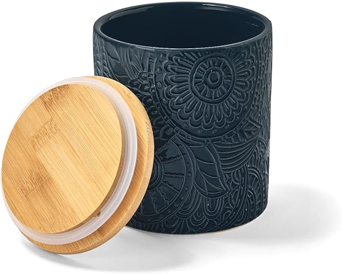 American Atelier Embossed Canister 4-Piece Ceramic Set Jar Container with Wooden Lids for Cookies, Candy, Coffee, Flour, Sugar, Rice, Pasta, Cereal & More
