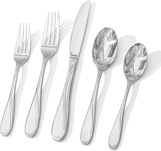 HIKAA Wave Design Silverware Set Service for 12, 60-Piece Artistic Stainless Steel Flatware Set with Fibonacci Pattern, Heavy Duty Mirror Polished Cutlery Set