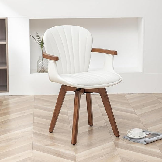 LUNLING Swivel Dining Chairs, Mid Century Modern White Faux Leather Kitchen Chairs with Arms,Bamboo Legs Side Chairs No Wheels,Accent Chair for Dining Rooms and Offices,1PCS