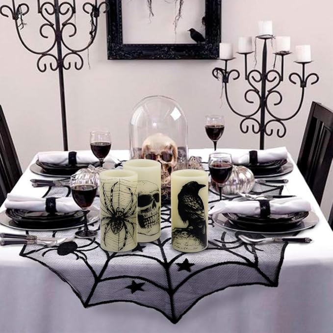 Wondise Halloween Flickering Flameless Candles with 6hrs Timer, Battery Operated LED Real Wax Candles Set of 3 Skull, Spider Web, Crow Raven Decals Halloween Home Decoration Gifts(3 x 3 x 6 Inch)
