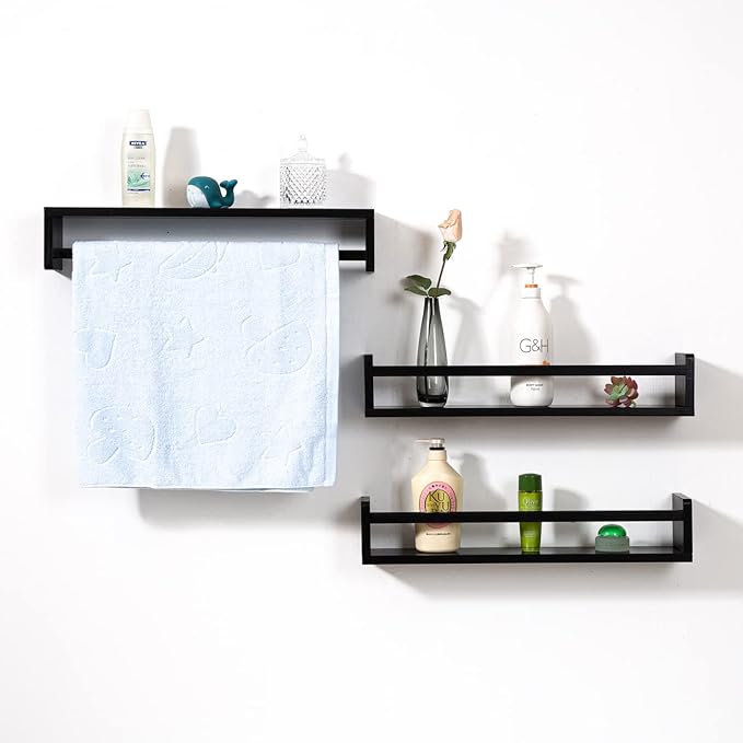 AZSKY Classic Nursery Book Shelves Black Wooden Floating Shelves Wall Bookshelf for Bathroom Decor Kitchen Spice Rack Organizer Kids Room 24 Inch Set of 3