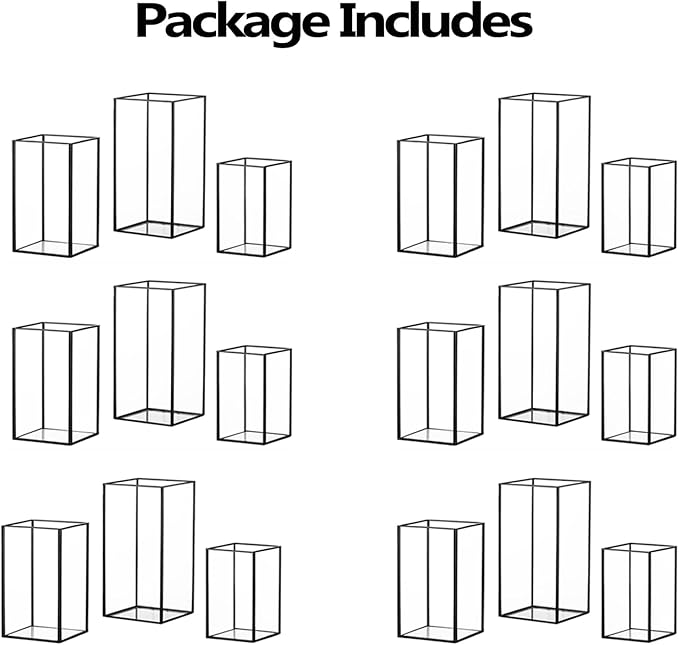 Hewory Glass Hurricane Candle Holder Set of 18, Black Large Hurricane Centerpiece for Table, Tall Floor Square Pillar Candle Holders Lantern Set for Wedding, Anniversary, Party, Fireplace, Dining Room