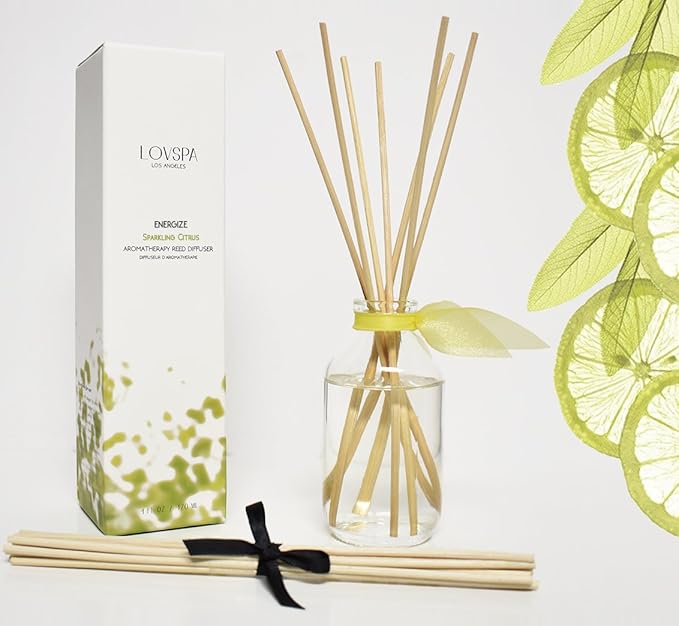 LOVSPA Reed Diffuser Set, Sparkling Citrus Scented Oil Diffuser with Sticks, Home Fragrance Accessories for Bathroom Shelf Decor, Aroma Diffusers for Home or Office Desk, USA Made