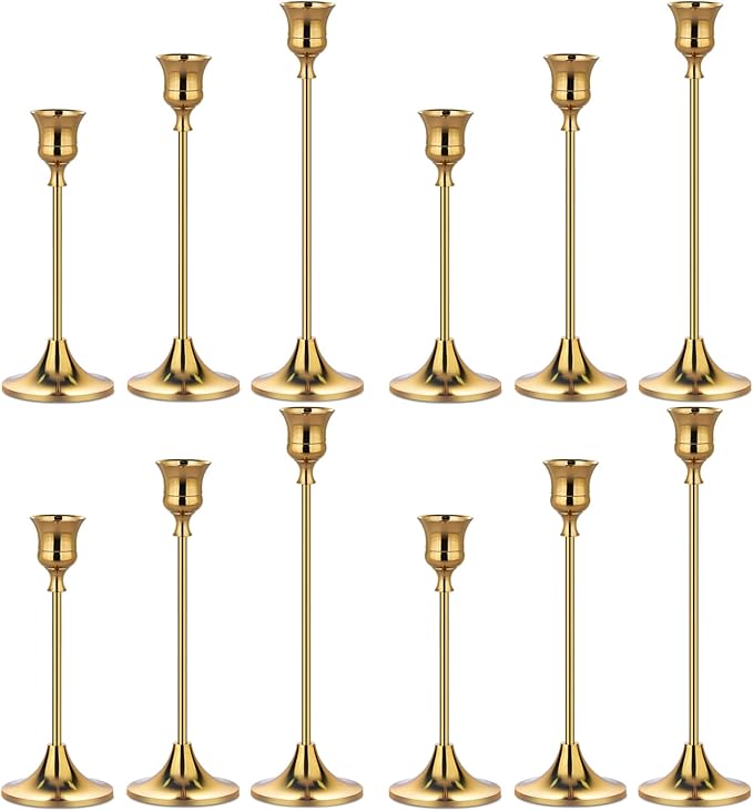 Metal Candle Holders for Candlesticks Taper Candlestick Holders Set Vintage Decorative Centerpiece Candelabra Tall Candle Stands for Halloween Thanksgiving Christmas (Gold, 4 Sets (12 pcs))
