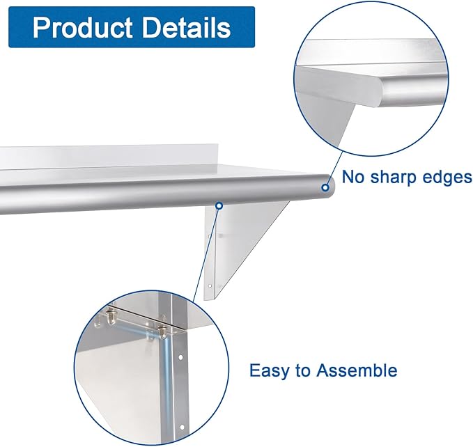 HARDURA Stainless Steel Shelf 12" x 48", 250lb Commercial Shelves Wall Mount Metal Shelving with Backsplash and Brackets for Kitchen, Restaurant, Laundry Room and Home