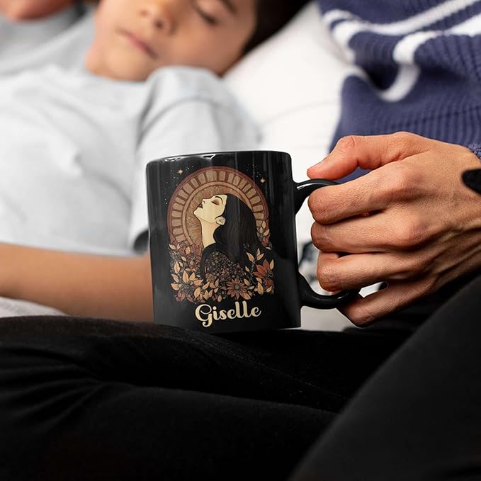 Elegant Woman Coffee Mug with Custom Name, Autumn Themed Ceramic Cup 11oz 15oz, Unique Fall Inspired Black Mug for Women, Personalized Women's Day Coffee Cup, Gifts for Holiday