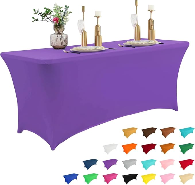 IVAPUPU 6FT Table Cloth for Rectangular Fitted Events Stretch Purple Washable Table Cover Spandex Tablecloth Protector for Party, Wedding, Cocktail, Banquet, Festival