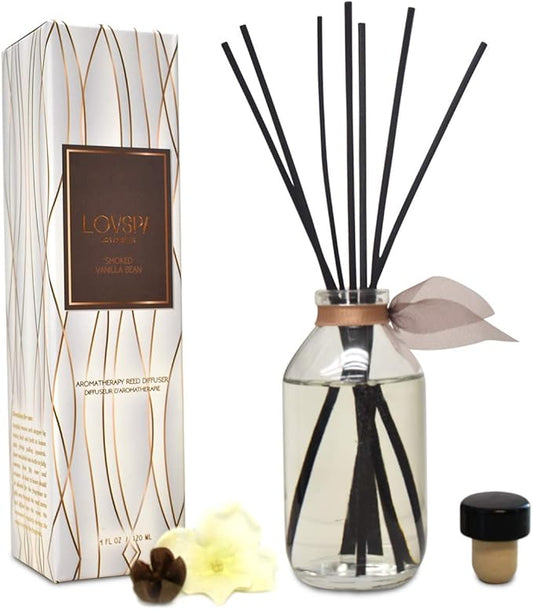 LOVSPA Reed Diffuser Set, Smoked Vanilla Scented Oil Diffuser with Sticks, Home Fragrance Accessories for Bathroom Shelf Decor, Aroma Diffusers for Home or Office Fall Decor, USA Made
