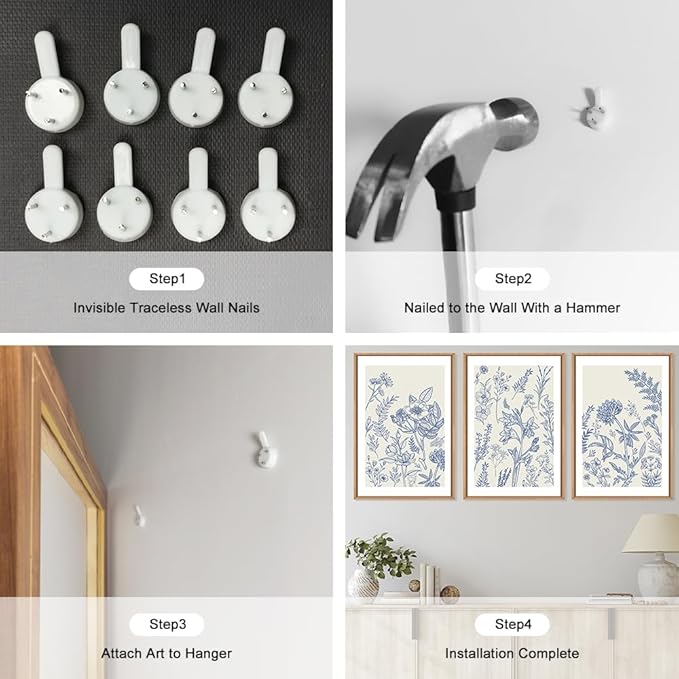 HPINUB Classic Chinoiserie Floral Framed Canvas Wall Art Set,Watercolor Blue and White Botanical Flowers Wall Decor,Navy Blue Minimalist Wildflower Art Print for Living Room,Bedroom,Office-24x36x3