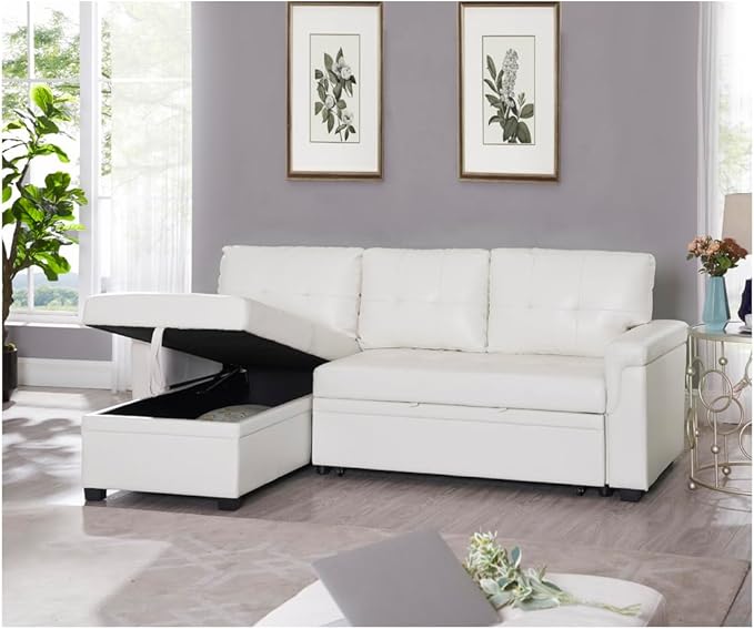 Naomi Home Transform Any Space: Sleeper Sectional Sofa with Convertible Sofa Bed & Inviting Chaise. Find Tranquil Comfort with Stress-Relieving Design & Durable Cushions - White/Air Leather