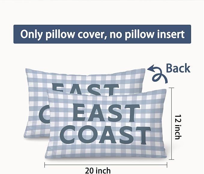 Coastal Beach Girls Room Decor 12x20 Pillow Cover, East Coast Preppy Trendy Gray and White Plaid Decorative Lumbar Pillow Covers for Boys Bedroom College Dorm Sofa Couch