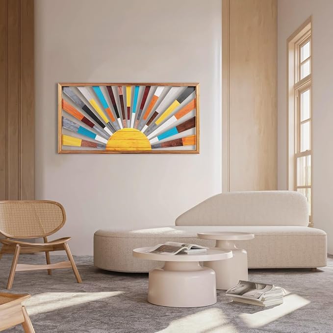 IARTTOP Large Boho Sun Wall Art Framed Wooden Art Wall Decor Rainbow Sun Rising On The Horizon Geometric Line Sunshine Wall Art for Living Room Bedroom Office 16"x32"